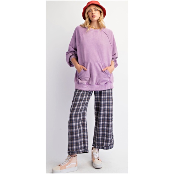 Easel Dusty Lavender Cotton Loose Fit Mineral Wash Pullover Sweater - Picture 4 of 5